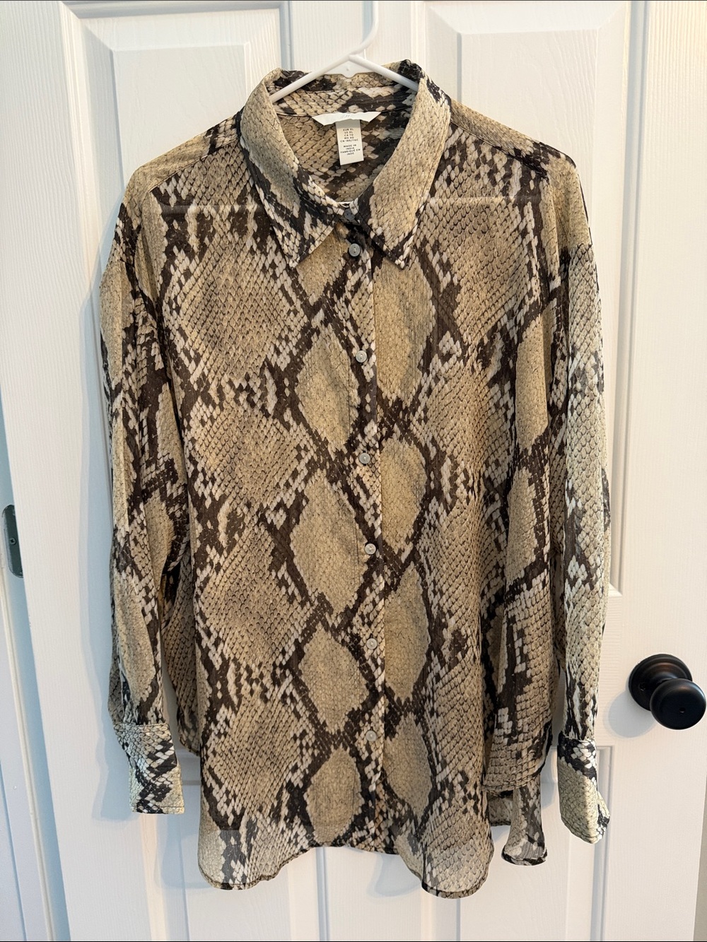 H&M Brown and Beige Snake-Print Button Front Blouse